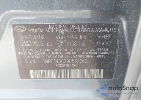 2009 Hyundai Sonata Gls z USA, uszkodzony, nr VIN 5NPET46C29H562262